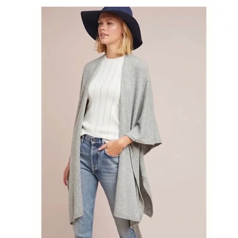 Anthropologie Light Gray Open-Front Knit Poncho Wrap - Womens